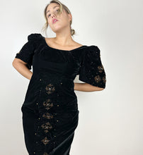 Load image into Gallery viewer, 50s 60s Black Velvet Beaded Snowflake Dress Small
