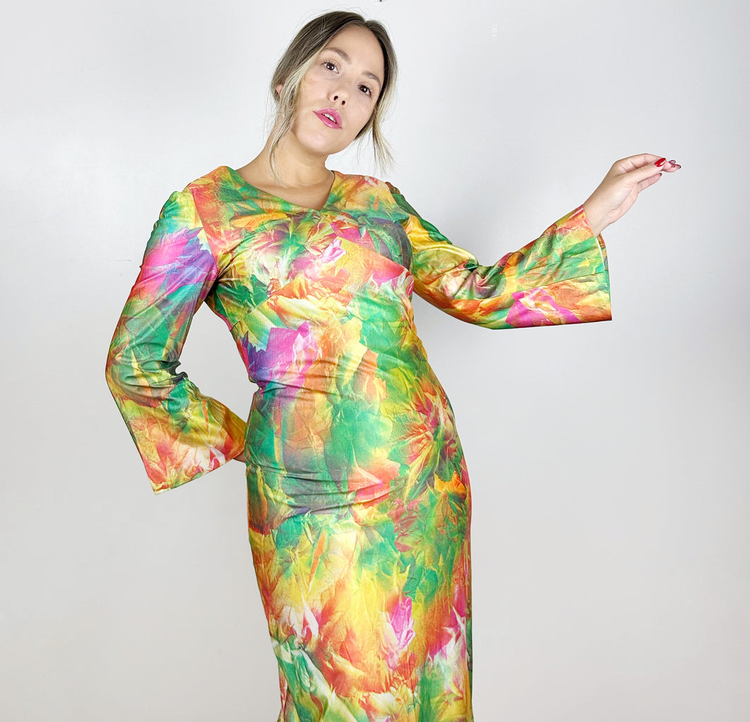 70s Colorful Psychedelic Floral Maxi Dress Small