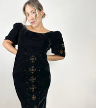 Load image into Gallery viewer, 50s 60s Black Velvet Beaded Snowflake Dress Small
