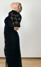 Load image into Gallery viewer, 50s 60s Black Velvet Beaded Snowflake Dress Small
