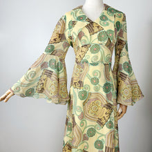 Load image into Gallery viewer, 60s Yellow Floral Bell Sleeve Maxi Dress Medium
