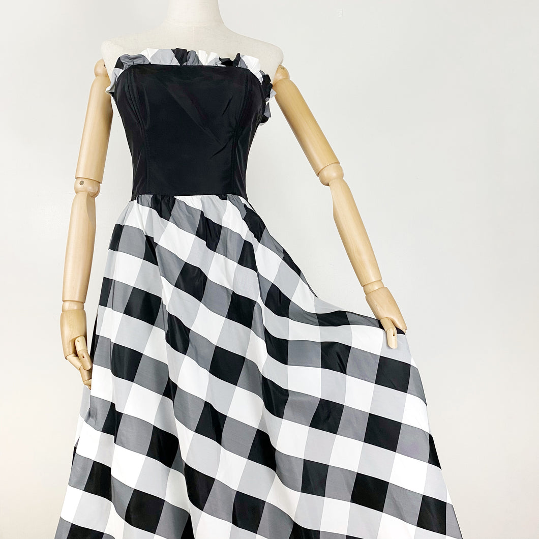 80s Gunne Sax Black Checkered Strapless Dress Small