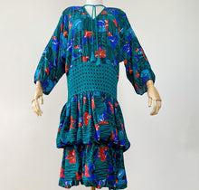 Load image into Gallery viewer, 80s Diane Freis Teal Floral Midi Dress M/L
