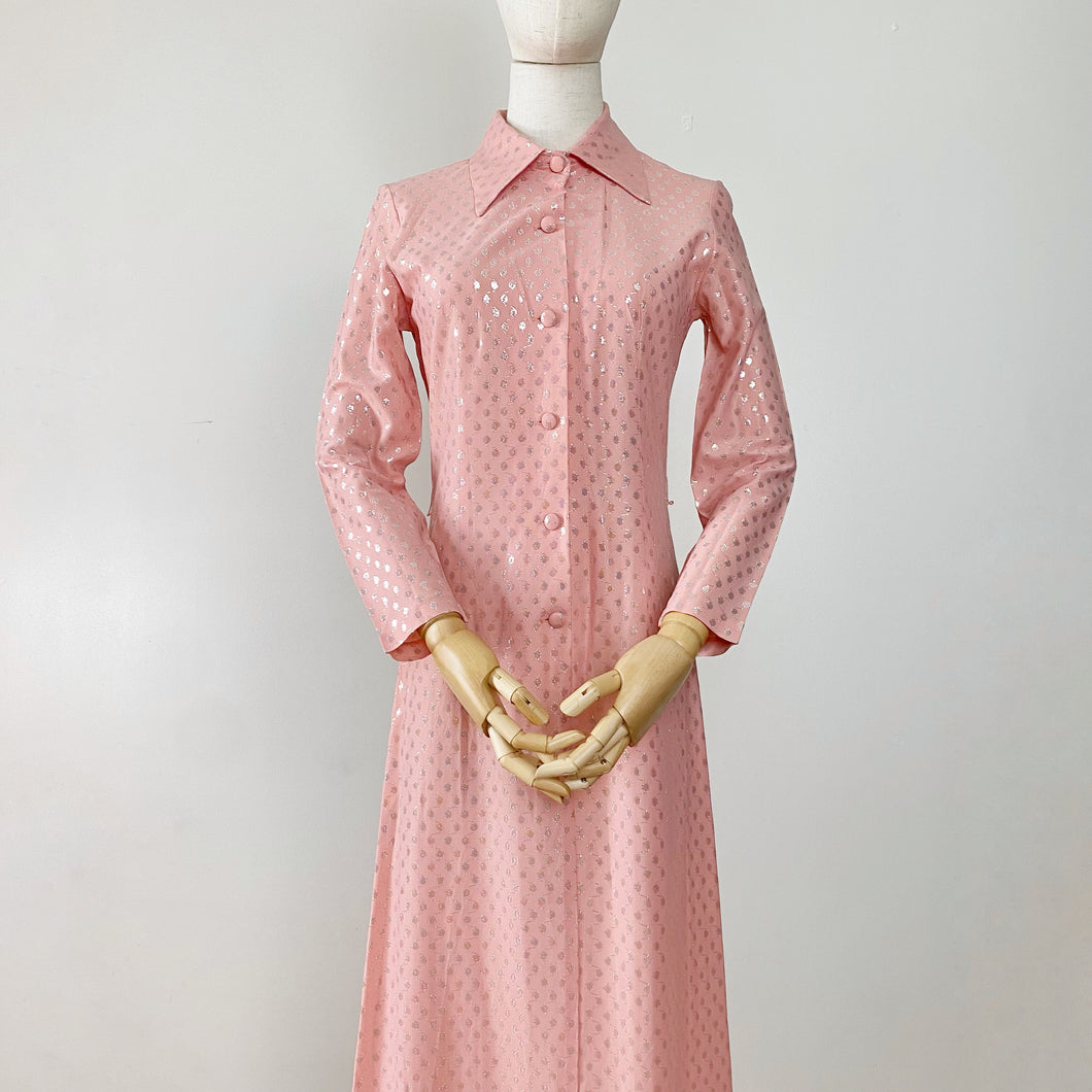 70s Pink Metallic Polka Dot Shift Maxi Dress Medium